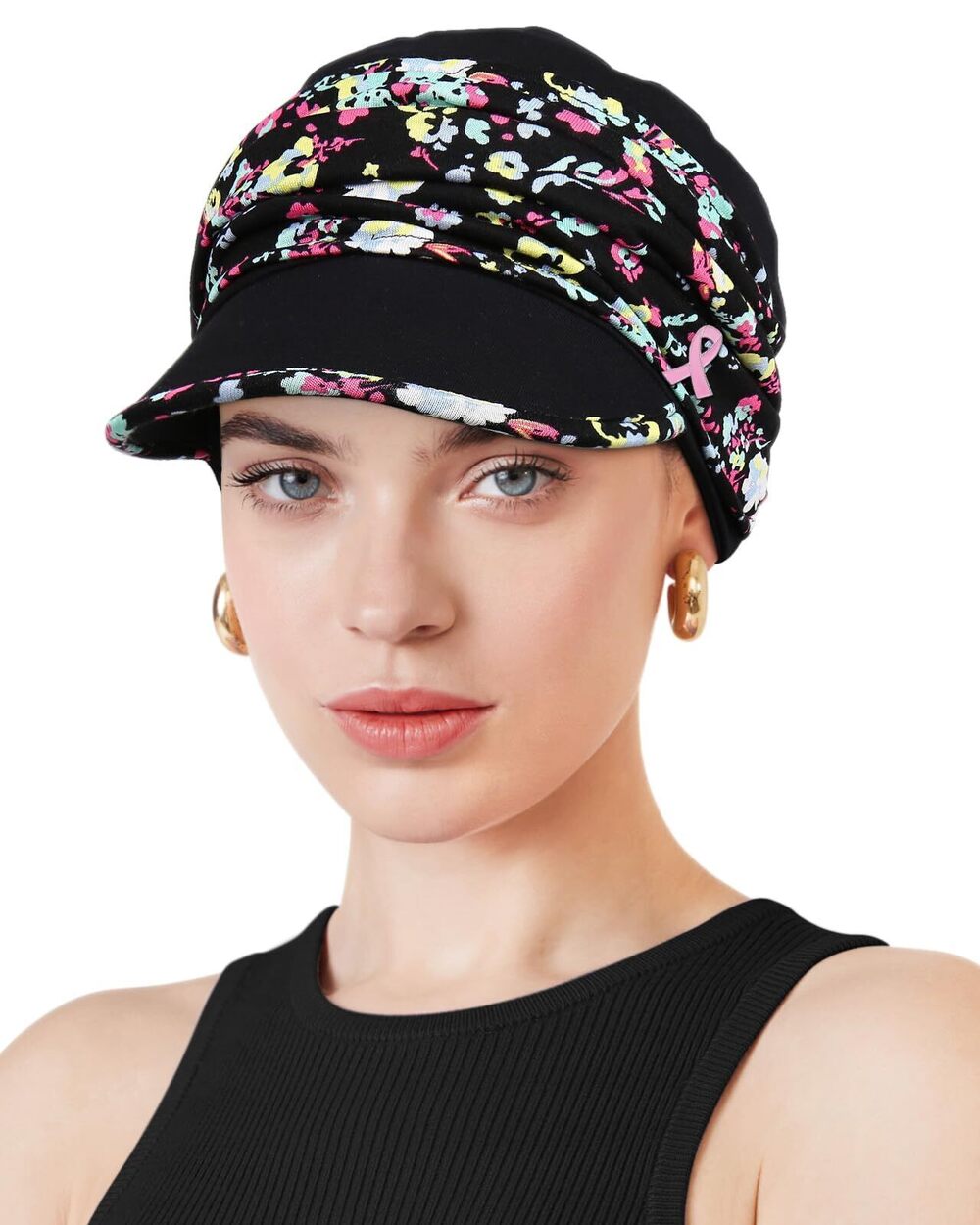 2900 Ruched Newsboy Cap for Cancer Patients Fitted Hat Black Floret